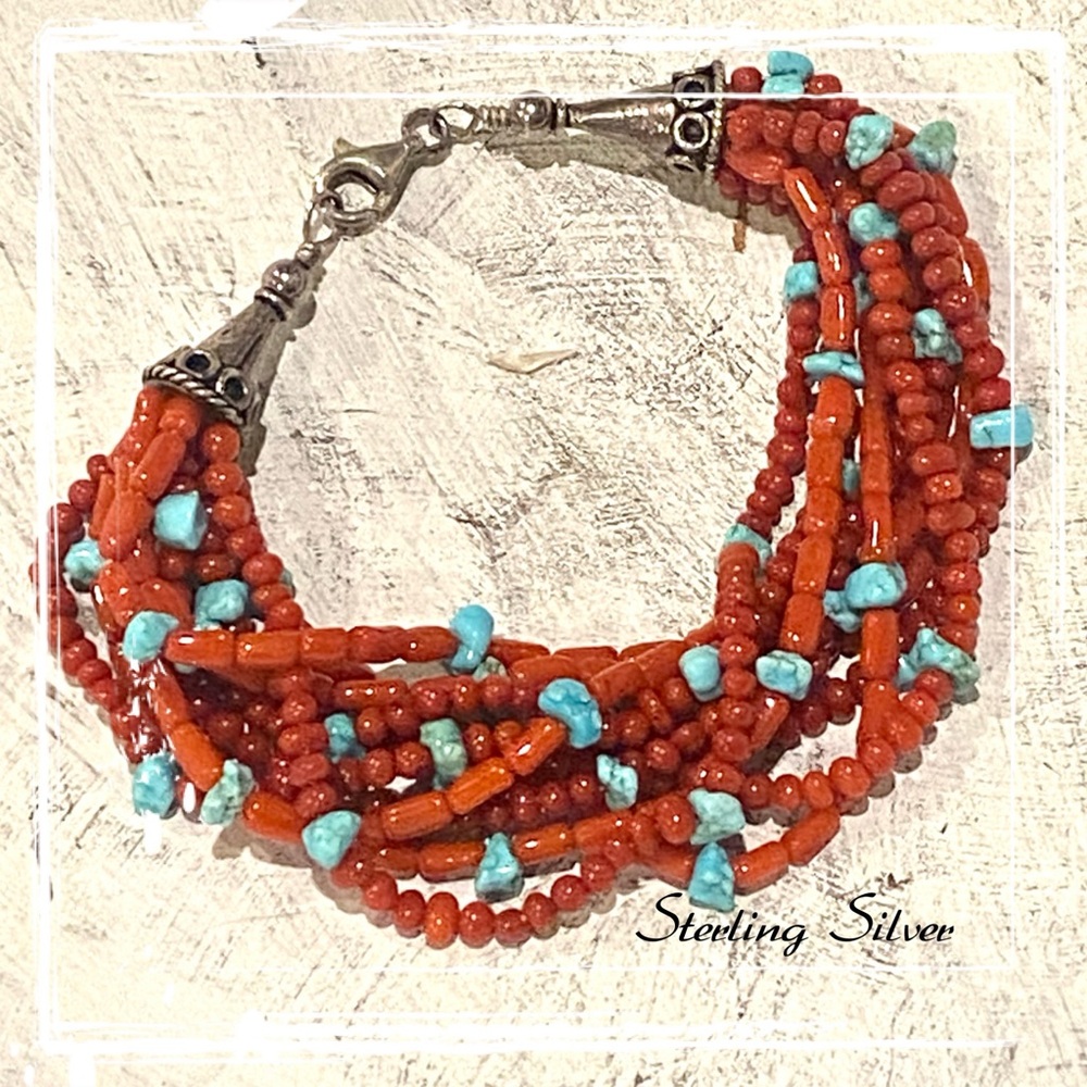 Vintage Sterling Silver 10-Strand RED MEDITERRNANEAN CORAL & Turquoise Bracelet
